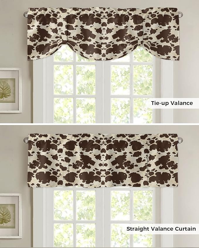 Brown Cowhide Cow Print Blackout Tie Up Valance Curtains for Kitchen Windows Graffie Window Toppers Balloon Shades for Living Room/Bathroom/Bedroom,1 Panel,60" X 18"