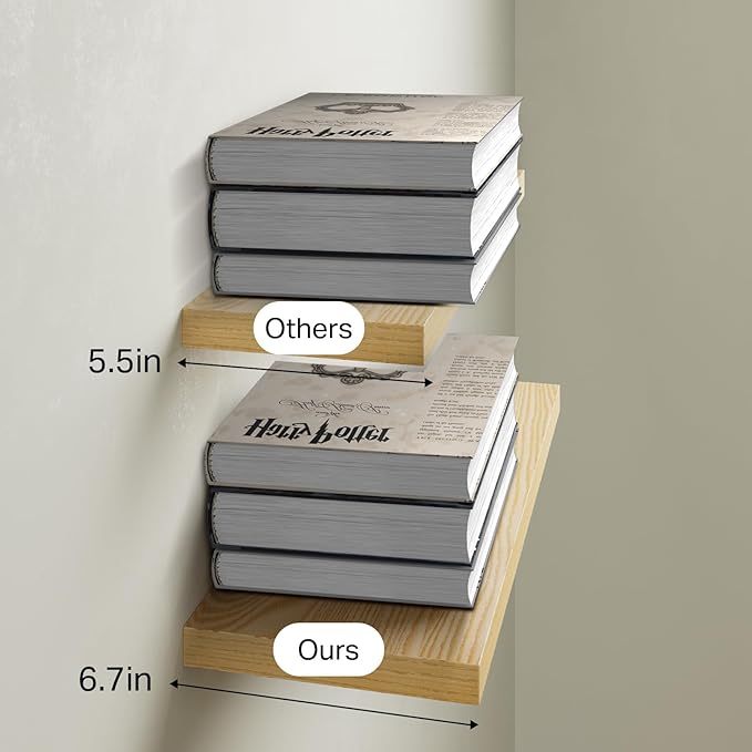 BAYKA Floating Shelves, 22.5" Wall Mounted Wood Shelves for Bathroom, Bedroom, Living Room, Kitchen, Hanging Shelf for Books/Storage/Decor (Oak-Toned,Set of 2)