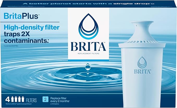 Brita Plus Water Filter, BPA-Free, High-Density Replacement Filter for Pitchers and Dispensers, Reduces 2x Contaminants*, Lasts Two Months or 40 Gallons, Includes 4 Filters