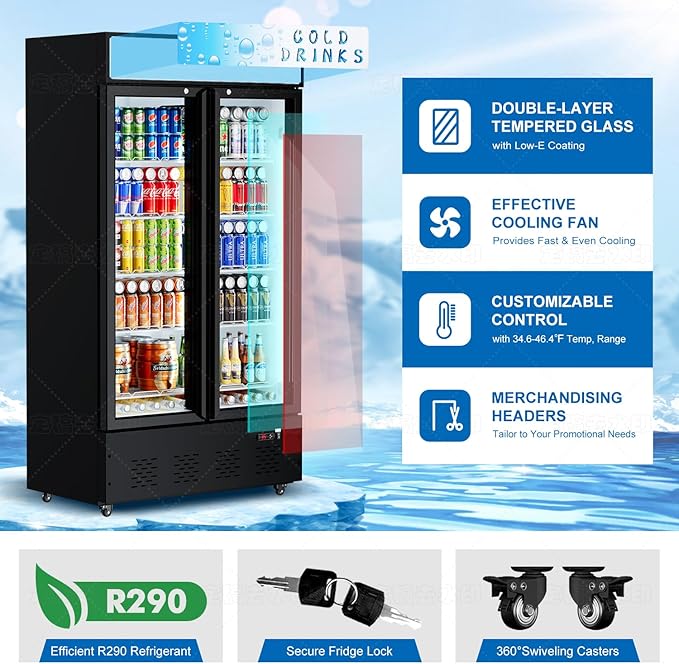 30 Cu.ft. Commercial Beverage Refrigerators Glass Door Refrigerator Upright Display Cooler with Soft LED Light and Adjustable Shelves for Restaurant Grocery Stores Home