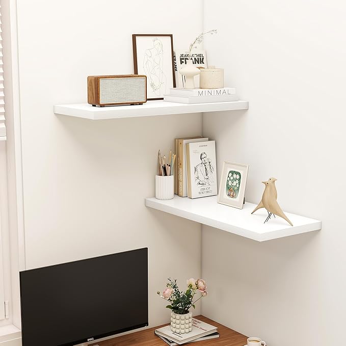 32" Floating Shelves for Wall, 12" Deep Slim White Floating Shelves, Wall-Mounted Shelves for Bedroom, Living Room, Kitchen, Bathroom - Set of 2