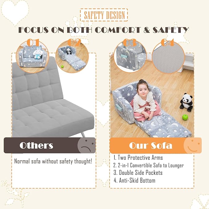 Baby Toddler Baby Sofa Couch for Kids Foldable 2-in-1 Fold Out Couch Bed for Playroom, Pull Out Children Convertible Sofa to Lounger Sleeper Chair for Boys & Girls with Double Pockets - Glowing Grey
