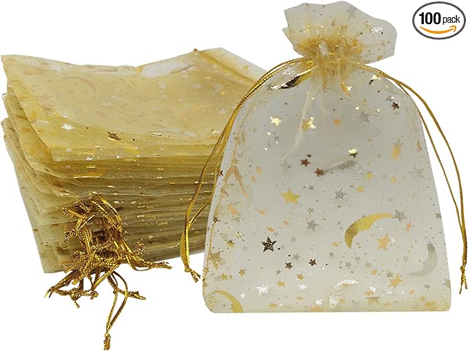 100pcs Organza Bags Moon and Stars Baby Shower Favor Bags Jewelry Candy Gift Card Bags With Gold Line Drawstring Pouches (Gold, 5x7)