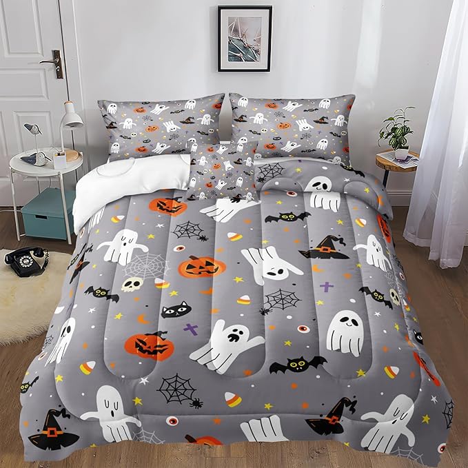Bedbay Cartoon Pumpkin and Ghost Queen Comforter Set Halloween Cute Bedding Sets for Kids Boys Teen 4 Pcs Soft Lightweight Comforter Set with 1 Cushion Cover(Grey,Queen)