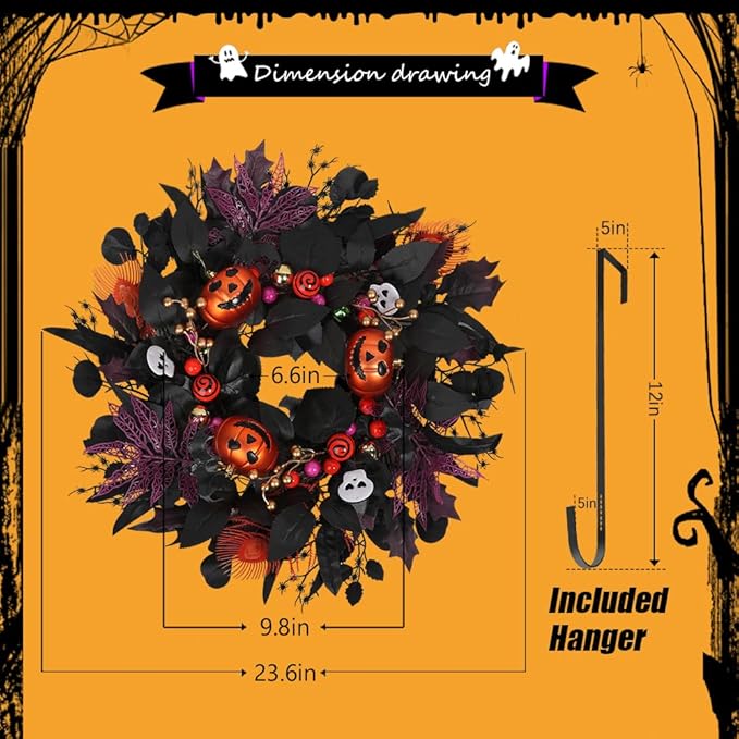 24" Glitter Halloween Wreath Outdoor - Sparkly Balls, Skulls, Bat, Skeleton, Pumpkin on Black Twig | Front Door Outside Goth Decor for Spooky Night