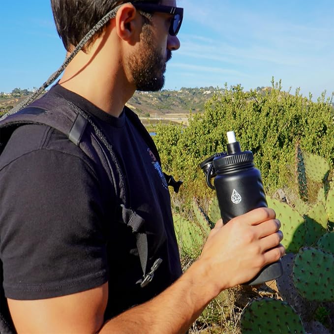 24 oz Insulated Water Bottle - Blue Water Bottle with Straw (Straw Lid & Spout Lid) & Silicone Handle & Boot - Wide Mouth Stainless Steel Water Bottles - BPA Free - (Blue, 750ml)