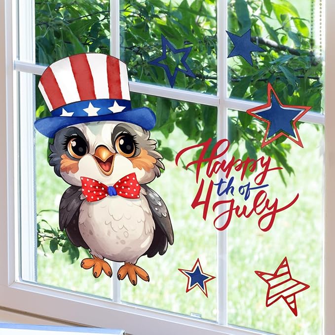 4th of July Owl Window Clings, USA Independence Memorial Day Summer Holiday Window Stickers