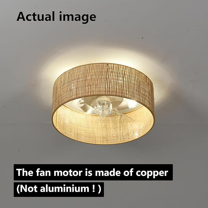 Boho Small Reversible DC Ceiling Fan with Light Fixture and Remote Control ,Flush Mount Drum Caged Enclosed Round Cage Low Profile Fandelier for Bedroom Indoor Kitchen Nursery Office Dining Room