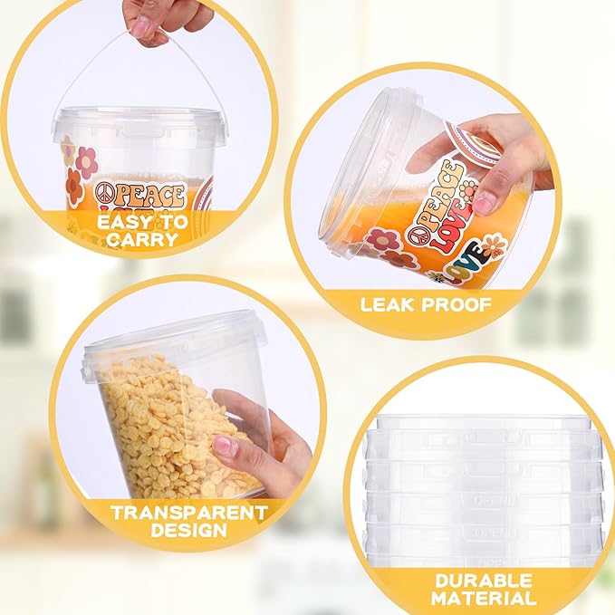 20 Pcs 32 oz Ice Cream Buckets with Lids and Handles Clear Cocktail Rum Buckets Reusable Food Containers with 100 Pcs Boho Stickers 24 Pcs Boho Flower Straws for Party Supplies