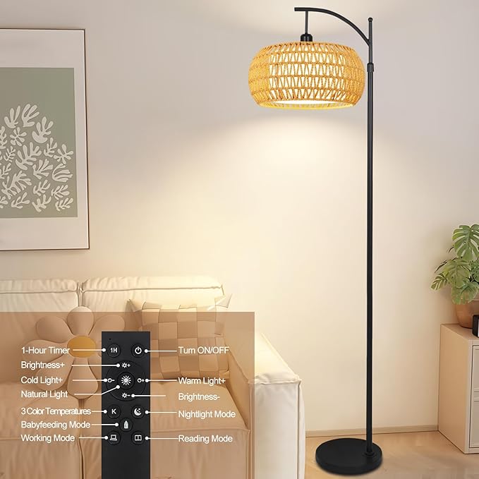 Arc Floor Lamps for Living Room Rattan Boho Floor Lamp with Remote Control,Dimmable LED Floor Lamp Wicker Lamp Shades Black Standing Lamp with 3 Color Temperature Tall Floor Lamps For Bedroom Corner