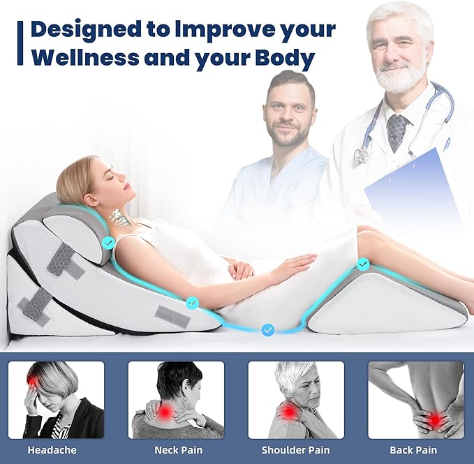 BDEUS 4PCS 25 Inch Extra Wide Orthopedic Bed Wedge Pillow Set, Memory Foam Adjustable Wedge Pillow Post Surgery for Back, Neck and Leg Pain Relief-Acid Reflux and GERD for Sleeping, with Travel Bag