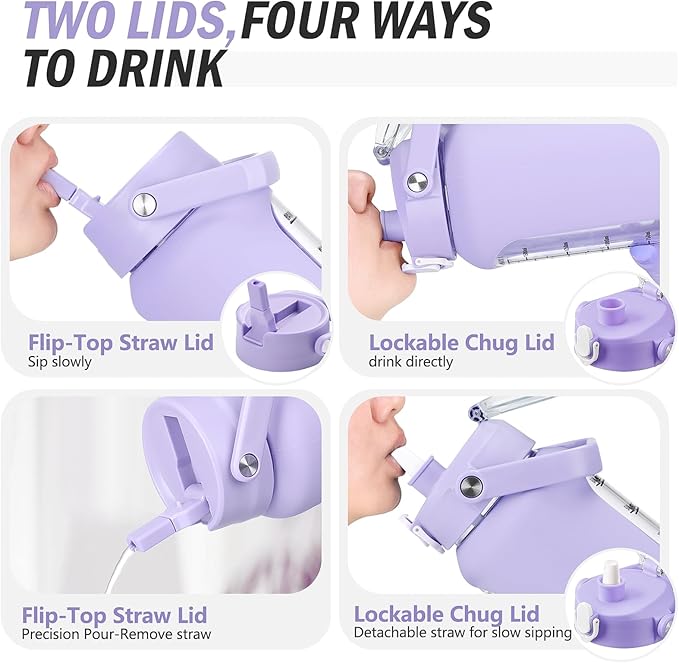 64 oz Glass Water Bottle with Straw and 2 Lids, Half Gallon Water Bottle with Sleeve, Large Insulated 2 Liter Glass Water Jug Time Marker with Handle - Purple