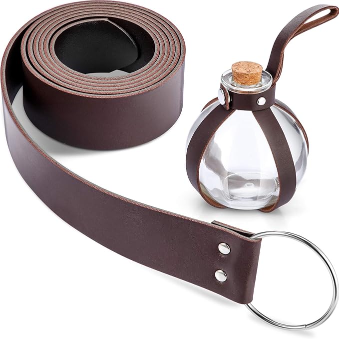 Boao Potion Bottles with Cork Set Dark Magic Cork Round Potion Bottle with Leather Belt Clear Glass Large for Halloween Costume Props DIY Crafts Decorative, 200 ml(Brown)