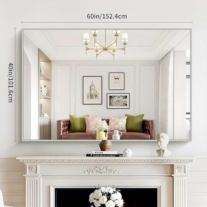 40x60inch Silver Bathroom Mirror, Silver Rectangle Mirror with Frame, Large Rectangular Wall Mirrors for Bathroom, Living Room, Hair Salon, Big Farmhouse Mirror Hang Horizontal/Vertical