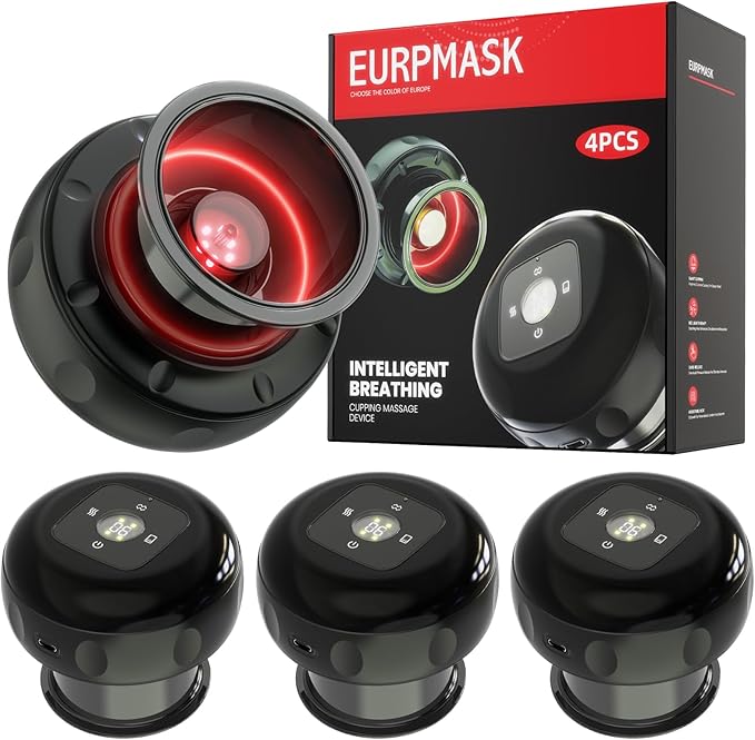 4 Pack 5-in-1 Electric Cupping Kit for Massage Therapy with Red Light Therapy - 24 Levels of Adjustable Suction & Heat, Portable Cupping Therapy Set for Back Pain Relief & Neck Muscle Soreness
