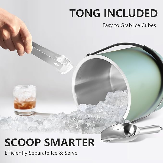 3L Ice Bucket with Silicone Lid, Scoop, Tongs & Strainer, Stainless Steel Double Wall Insulated Ice Buckets for Parties & Cocktail Bar, Outdoor Champagne Ice Container Bin, Dusty Green