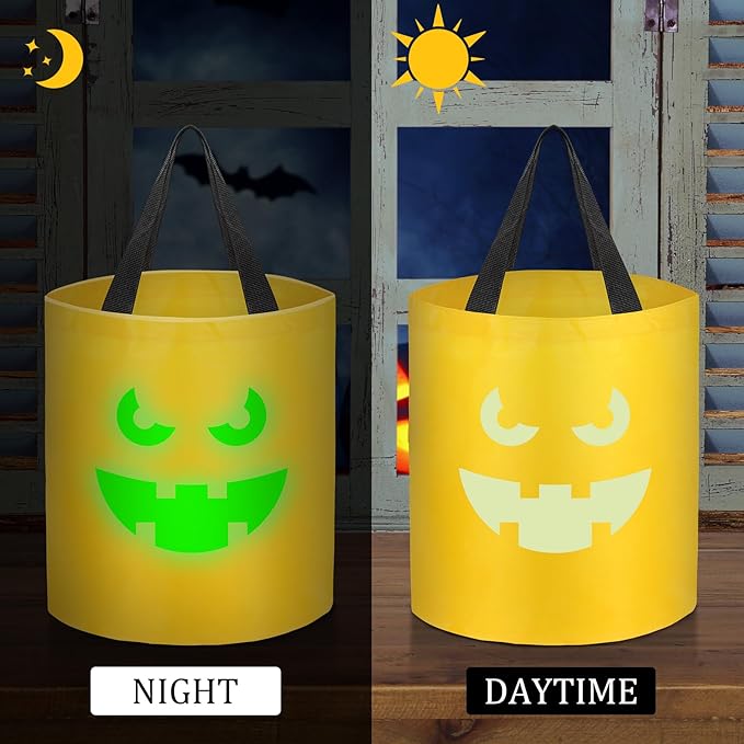 6 Pcs Halloween Glowing Trick or Treat Candy Bucket Halloween Multipurpose Basket Glowing Spooky Face Pumpkin Reusable Goody Bags for Halloween Supplies Favors