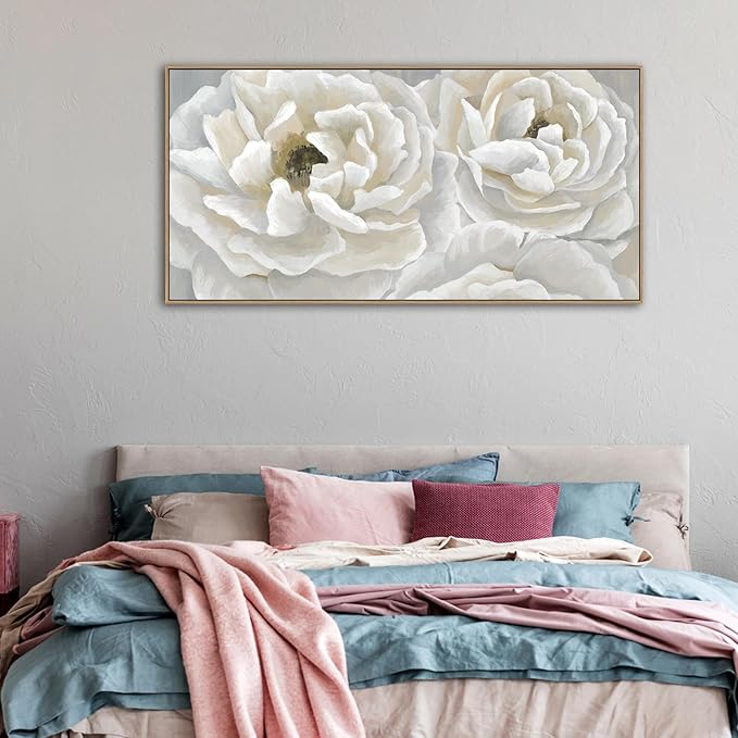 arteWOODS Cream White Flowers Framed Wall Art - Soft Peony Pictures for Wall Decor Elegant Blossom Flower Painting Artwork Botanical Prints for Living Room Home Office Wall Decoration 24" x 48"