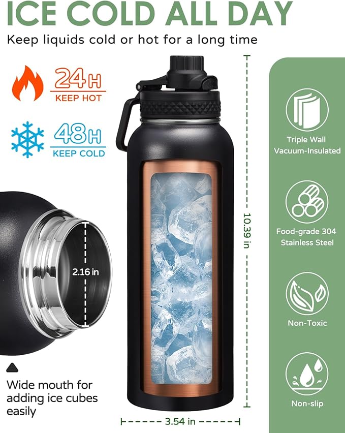 40oz 64oz Insulated Water Bottle 40 oz - Cold for 48H, Metal Water Bottle Flask with Straw Lid & Auto Spout Cap, Triple-Wall Wide Mouth Hydro Tumbler Jug for Sports Gym Work Man