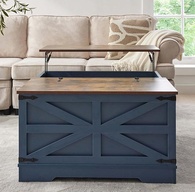 Blue Coffee Table with Storage, Cocktail Table with Hinged Lift Top, Farmhouse Square Wood Center Table with Large Hidden Storage Compartment for Living Room, Square Coffee Table, Metal Edges Decor