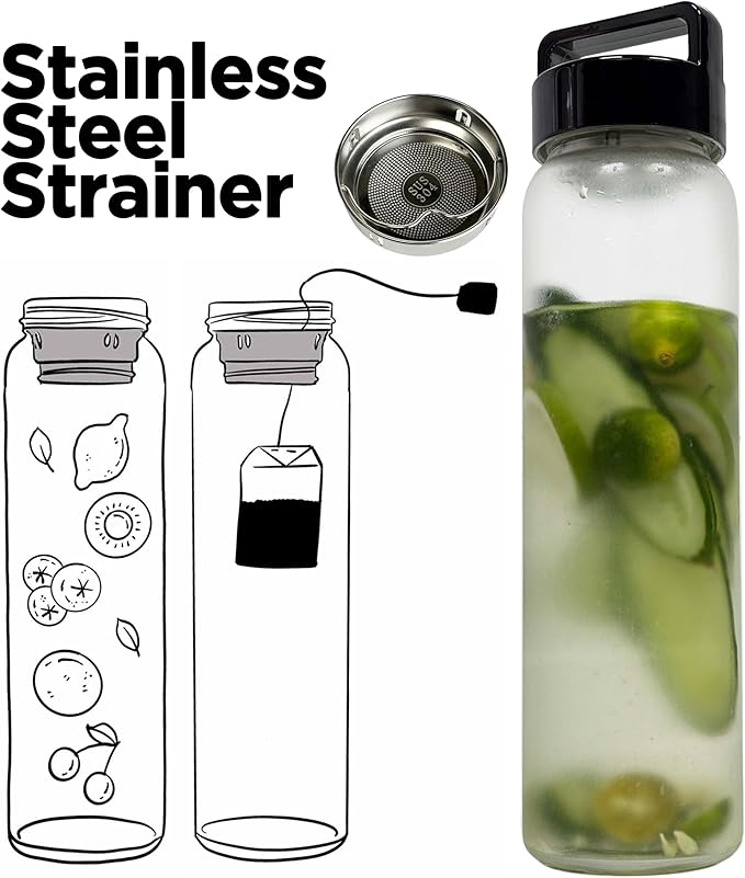 32 oz Clear Glass Water Bottle | Cold Brew Fruit Inufser Water Bottle (Black Lid)
