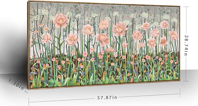 amatop Framed Oversized Floral Canvas Wall Art Canvas Print Modern Botanical Flower Field Rustic Wall Decor Abstract Nature Blooming Wildflower Pale Pink Green Artwork for Living Room Bedroom Office 58x29 in