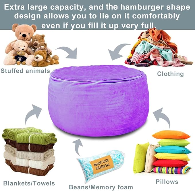 Bean Bag Chair Cover, Stuffed Animal Storage, Plush Toys Organizer Holder, Beanbag Chairs Cover for Kids Teans and Adults Super Soft and Comfortable Fabric X-Large with Handle and Zipper -Round Purple