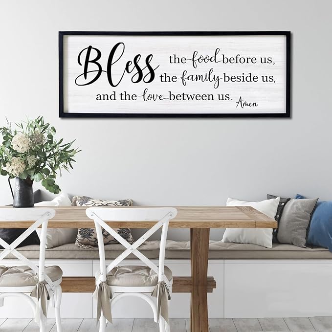 Bless the Food Before Us, the Family Beside Us, and the Love between us Framed Wall Art for Dining Room, 40''×15'' Holy Positive Religious Rustic Bible Verse for Christian God Jesus Christ Prayer
