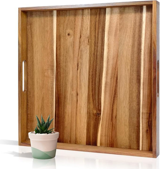 22 Inches Square Acacia Wood Ottoman Tray, Extra Large Wooden Serving Tray with Handles for Living Room, Serving Food Breakfast, Ottoman Coffee Table Couch Sofa Kitchen