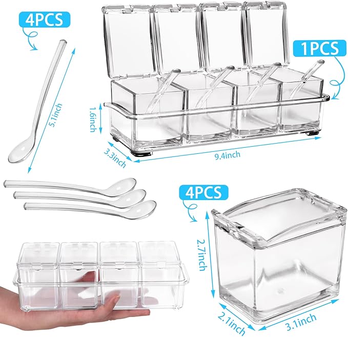 4-Cell Clear Seasoning Rack Spice Box, Storage Container Condiment Jars Acrylic Seasoning Box with Cover and Spoon (Enhanced Version Clear)
