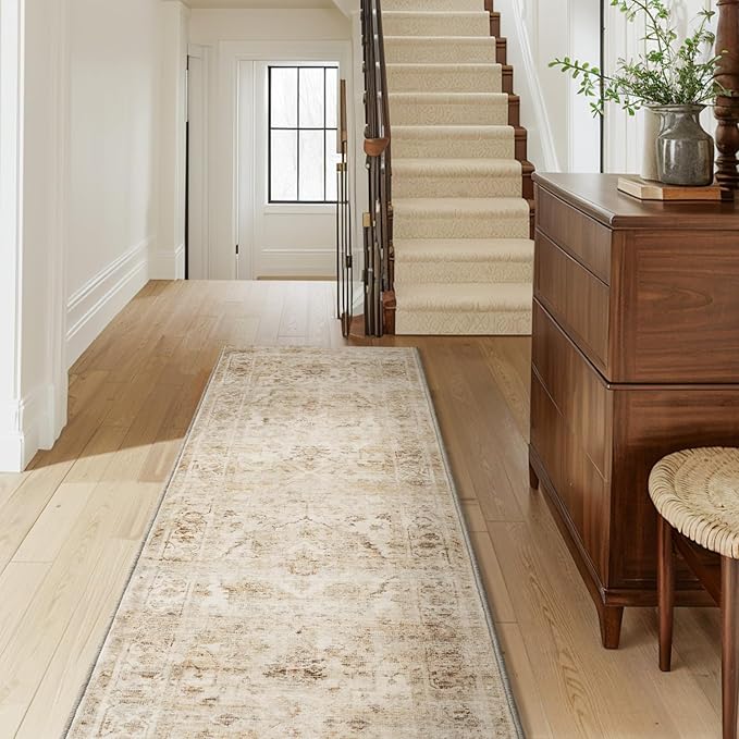 AMOAMI-2X10 Runner Rug-Washable Runners for Hallways-Soft Non Slip Bedside Rugs for Bedroom-Vintage Long Rug for Hallways Entryway Laundry Room Stair Kitchen Bathroom Beige