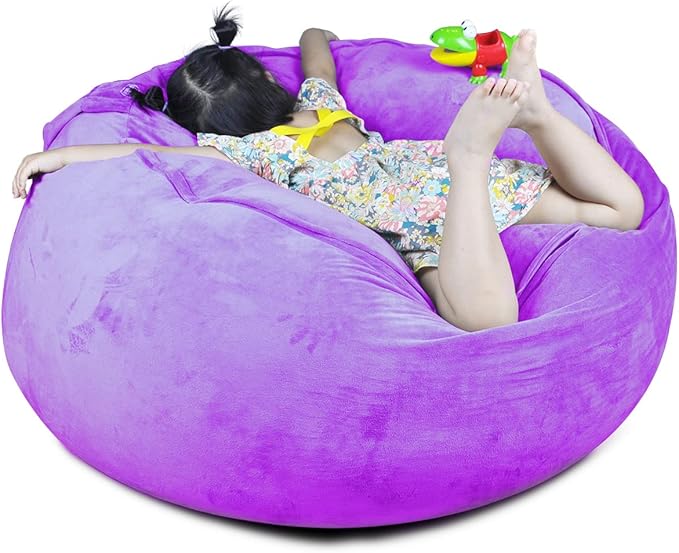 Bean Bag Chair Cover, Stuffed Animal Storage, Plush Toys Organizer Holder, Beanbag Chairs Cover for Kids Teans and Adults Super Soft and Comfortable Fabric X-Large with Handle and Zipper -Round Purple