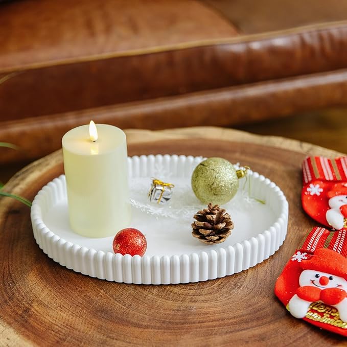 11.8in Decorative Tray for Coffee Table Decor- Modern Oval Concrete Tray for Home Decor- Minimalist Handcrafted Centerpieces Tray for Living Room, Kitchen Dining Table, Entryway (White)