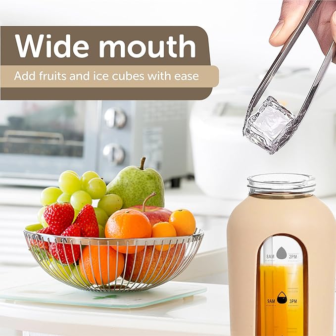 24oz Glass Motivational Water Bottle with Flip Lid Straw, Silicone Protective Sleeve, Handle, Reusable BPA Free (Black)