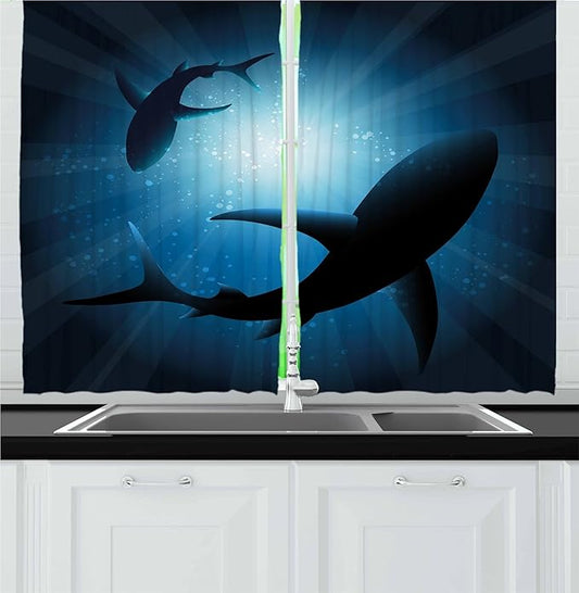Ambesonne Shark Kitchen Curtains, Silhouette of The Fishes Swimming at Twilight Night Moon Mystic Sea Scenery, Window Drapes 2 Panel Set for Kitchen Cafe Decor, 55" x 30", Aqua Blue