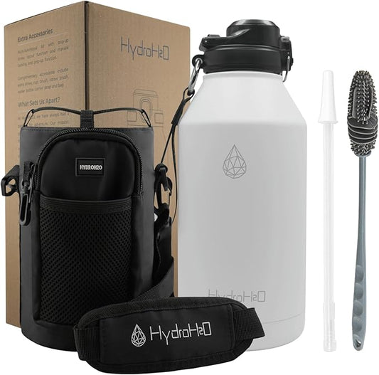 64 oz Insulated Water Bottle With Straw Pop-up & Auto Spout Lid, Flex Handel, Waterbottle Strap Carrier, Half Gallon Stainless Steel Water Water Hydro Jug Thermo Flask (Brilliant White)