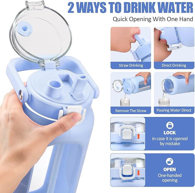 BLUEGO 64oz Glass Water Bottle with Handle and Straw, Motivational Sports Water Bottle with Time Marker and Silicone Sleeve Leakproof Drinking Bottle for Travel Gym Workout, Light Blue