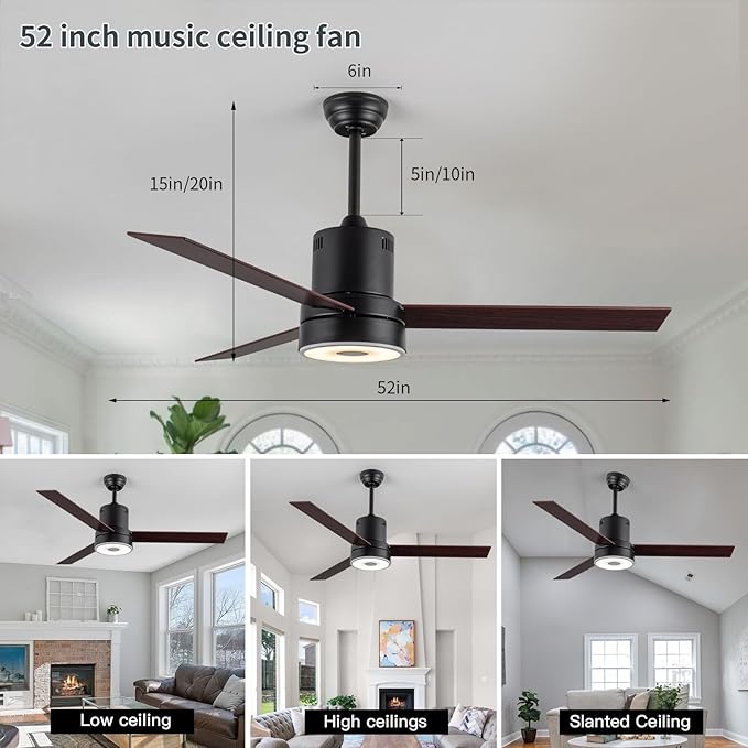 52 Inch Ceiling Fan with RGB Dimming LED Light,with Music Bluetooth Speaker,with Remote Control,3-Speed Regulation, Reversible Motor,Timing,for Living Room,Bedroom,Restaurant,Outdoor