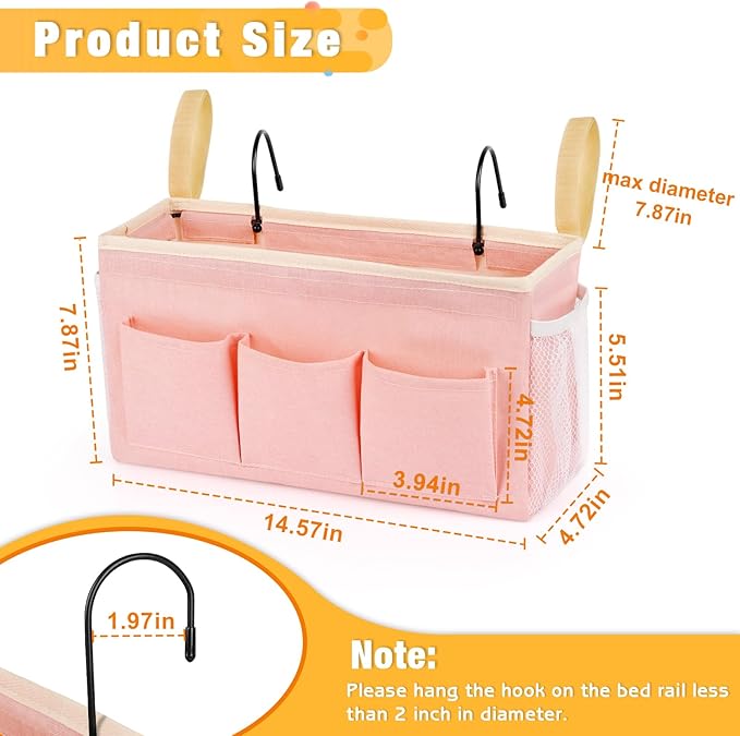 Bedside Organizer with Fixed Straps and Water Bottle Holder for Home, College, Dorm, Bunk, Hospital, Crib, Bed Rails - Pink