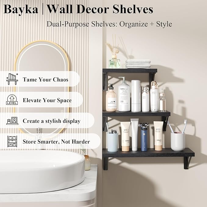 BAYKA Wall Shelves for Bedroom Decor, Floating Shelves for Wall Storage, Display Mounted Rustic Wood Shelf for Books,Plants,Corner Shelves for Bathroom,Kitchen,Living Room(Set of 4)