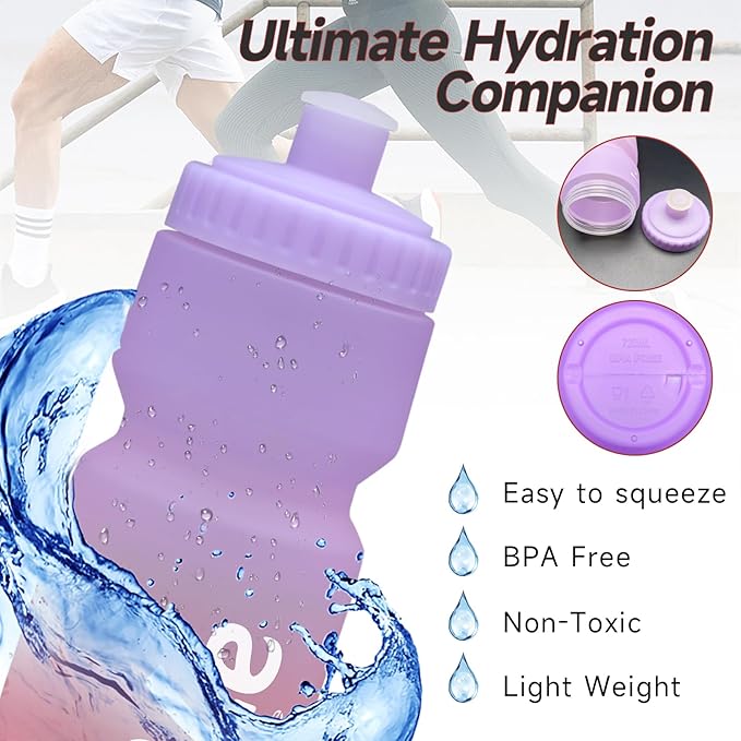 Bike Squeeze Water Bottle w/Pull Top Lid, Leakproof, BPA Free, Easy Squeeze Reusable Water Bottles for Fitness, Cycling, Running, Hiking, School, Fresh Color 24 Oz (1 Pack)