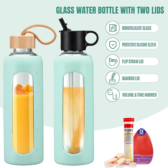 24oz Glass Water Bottle With 2 Lids-Flip Straw Lid, Bamboo Lid, Glass Water Bottle With Silicone Sleeve, Motivational Time Marker, Glass Juice Bottle for Cold Drink,Light Blue