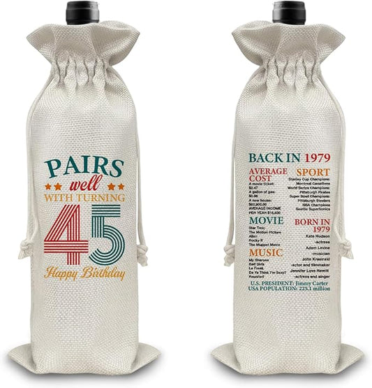 45th Birthday Gifts Wine Bag Congratulations Gifts for Women Men Parents Mom Dad Anniversary Favors 1979 with Time Information Wine Gift Bag