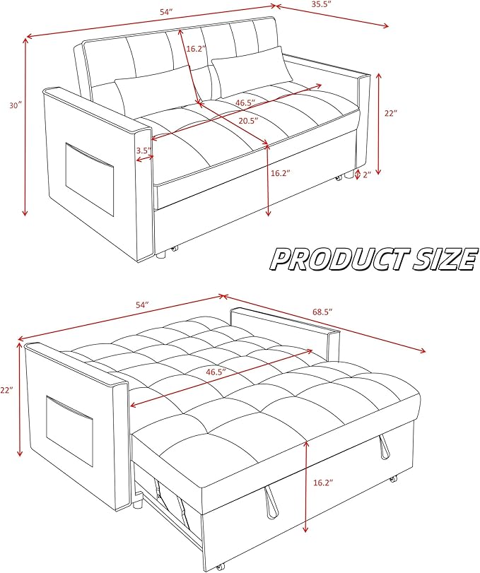 3 in 1 Sleeper Sofa Beds, Futon Sofa Bed for Living Room with Side Pocket, Sleepers Couch with Pullout Bed, Convertible Love Seat Sleepers Couch for Living Room, Bedroom, Small Space, Blue