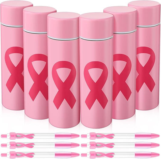 6 Pcs Breast Cancer Awareness Gifts Mini Thermal Stainless Steel Water Bottle With Pink Ribbon Pens 4.4 Oz Pink Ribbon Water Bottle Woman Inspirational Gift for Survivor (Pink)