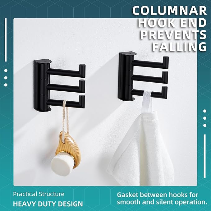 Angle Simple Swivel Towel Hooks for Bathroom, SUS 304 Stainless Steel Foldable 3 Arms Robe Towel Holder, Shower Wall Coat Hooks, Matte Black, 2 Pack