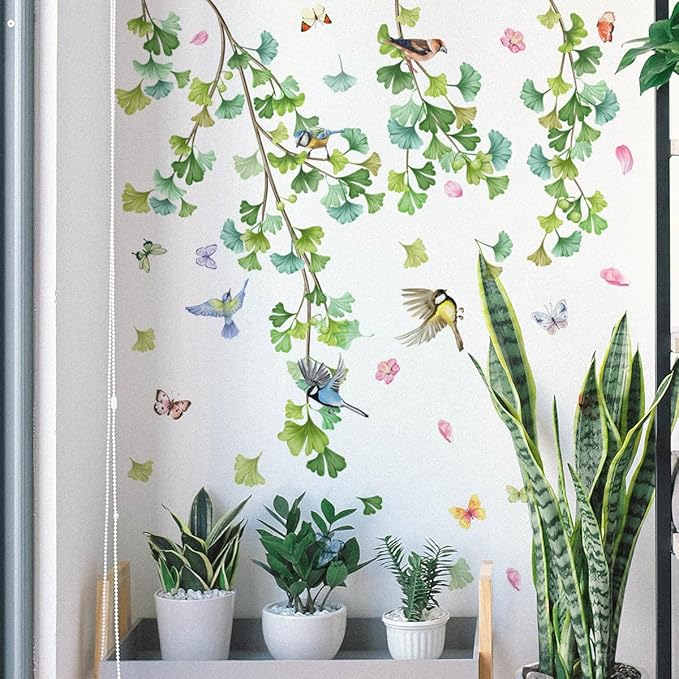 Butterfly, Bird, Decal, Green Leaf Wall Sticker, Ivy Vine Plant Wall Sticker, Living Room, Bedroom, Sofa, TV Background Wall Decoration