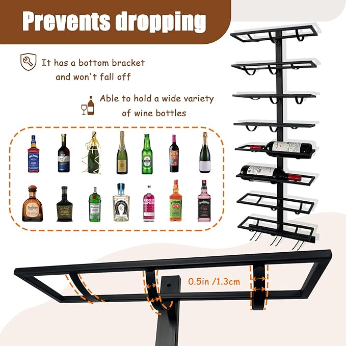 16 Bottle Wall Mount Wine Rack with Wine Glass Holder, Metal Wine Wall Rack, Wall Racks for Wine Bottles Display and Storage, Hanging Bottle Organizer for Living Dining Room Wine Cellar Bar (Black)