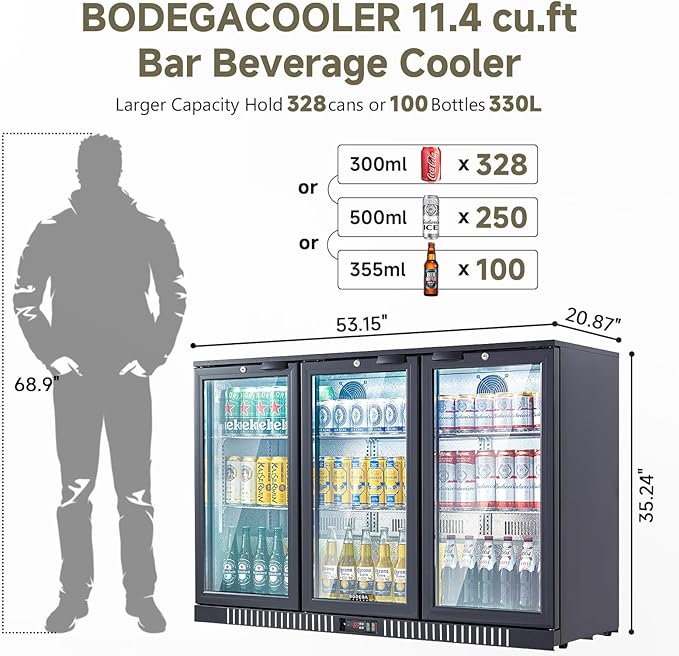 BODEGACOOLER Back Bar Cooler With 3 Glass Doors,11.4 Cu.Ft Commercial Back Bar Fridge with LED Lighting,Counter Height Bar Outdoor Beverage Cooler for Beer,Soda Drinks,Wine