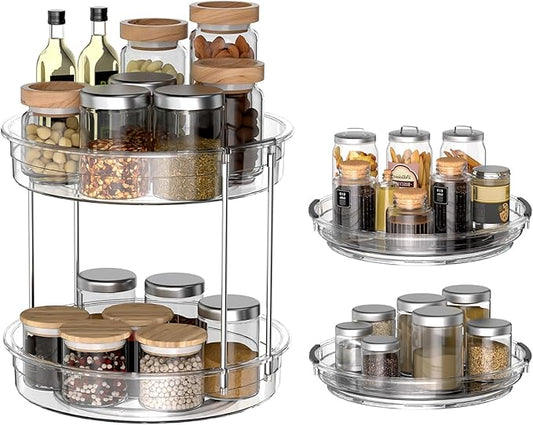 2 Pack Lazy Susan Organizer 9.25''and 11.81'' Two-Tier Lazy Susan Turntable for Cabinet, Spice Rack, and Pantry Storage - Spinning Makeup Organizer for Bathroom, Clear
